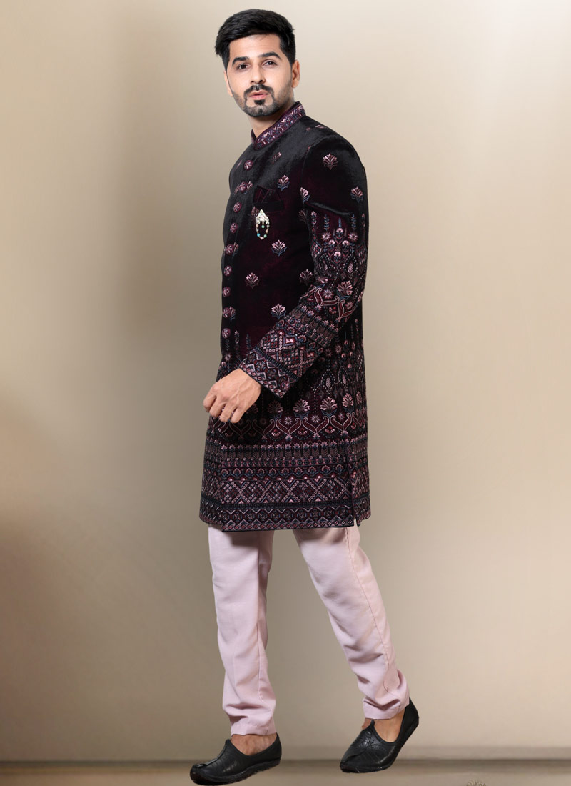 Wine Soft Silk Embroidered Mens Groom Indo Western Wine Soft Silk Embroidered Mens Groom Indo Western