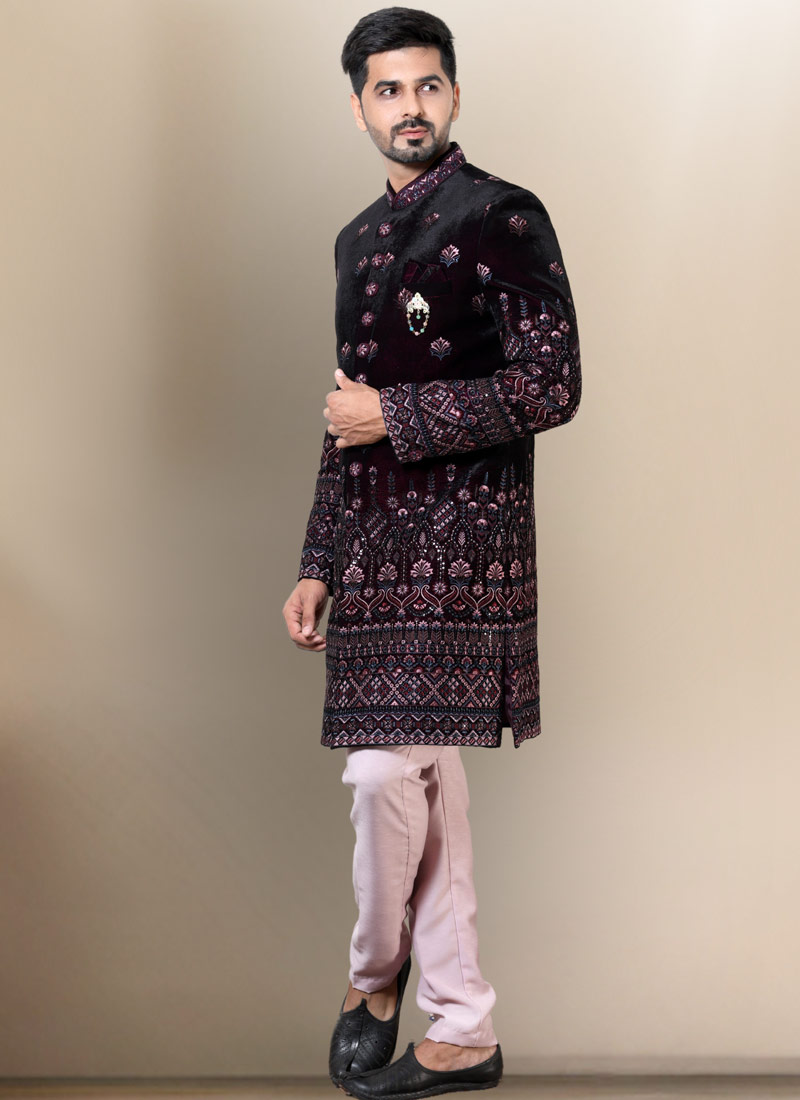 Wine Soft Silk Embroidered Mens Groom Indo Western Wine Soft Silk Embroidered Mens Groom Indo Western