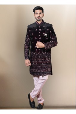 Wine Soft Silk Embroidered Mens Groom Indo Western 