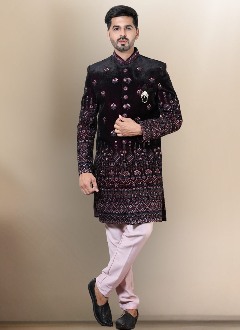 Wine Soft Silk Embroidered Mens Groom Indo Western Wine Soft Silk Embroidered Mens Groom Indo Western