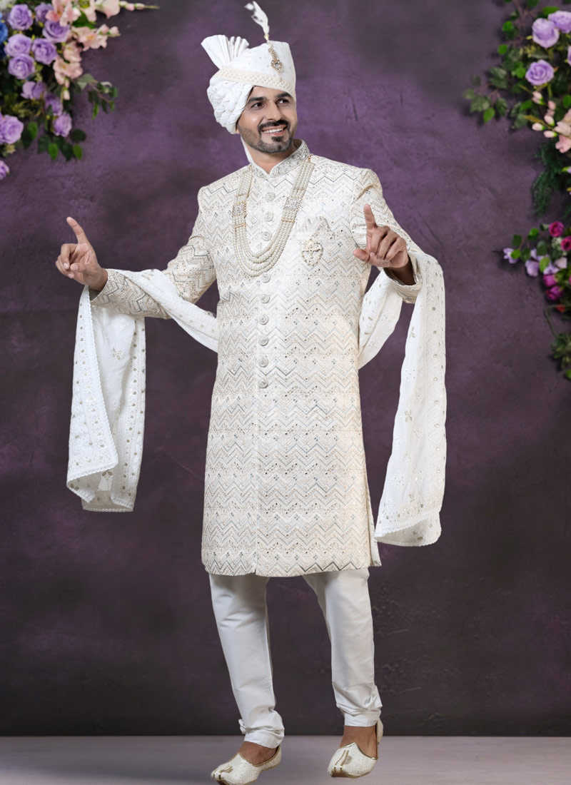 Cream Silk Embroidered Mens Groom Sherwani Cream Silk Embroidered Mens Groom Sherwani
