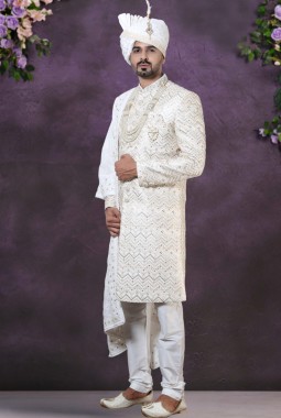 Cream Silk Embroidered Mens Groom Sherwani