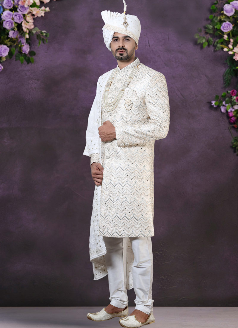 Cream Silk Embroidered Mens Groom Sherwani Cream Silk Embroidered Mens Groom Sherwani