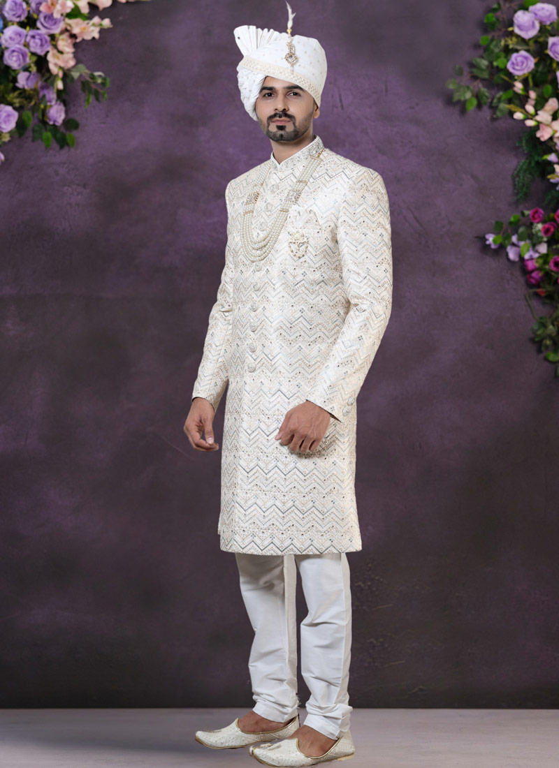 Cream Silk Embroidered Mens Groom Sherwani Cream Silk Embroidered Mens Groom Sherwani