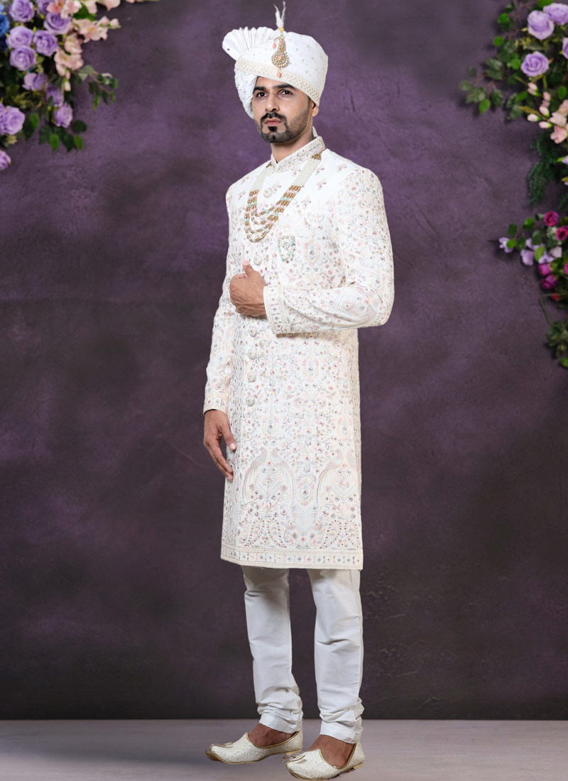 Cream Velvet Embroidered Mens Wedding Sherwani Cream Velvet Embroidered Mens Wedding Sherwani