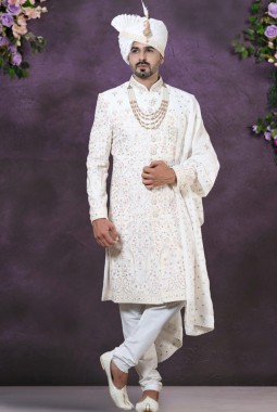 Cream Velvet Embroidered Mens Wedding Sherwani