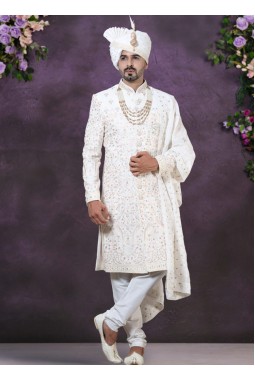 Cream Velvet Embroidered Mens Wedding Sherwani