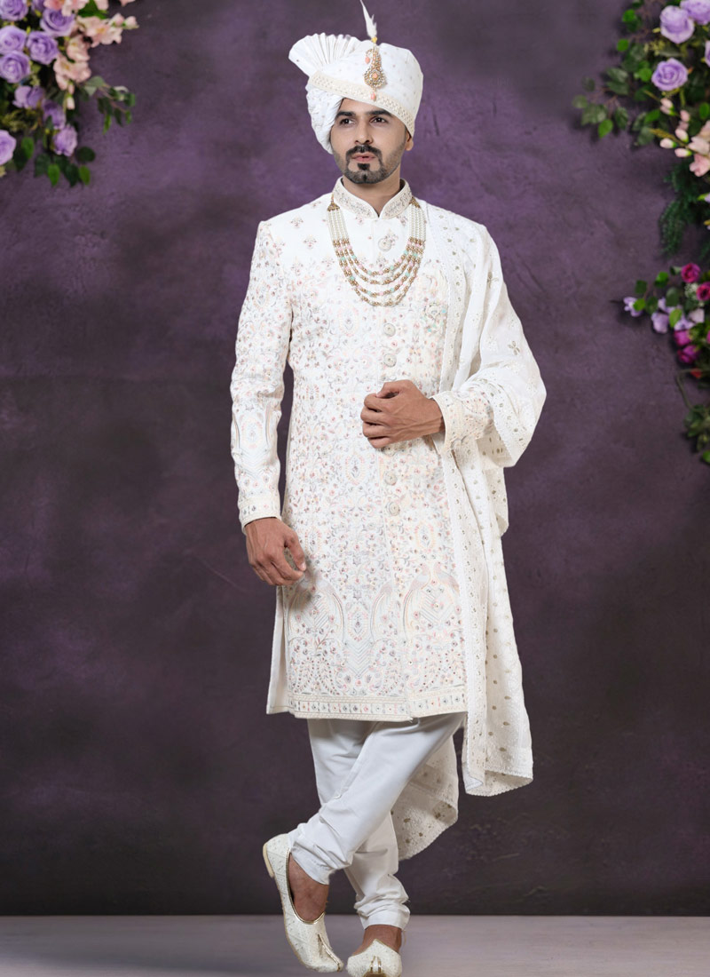 Cream Velvet Embroidered Mens Wedding Sherwani Cream Velvet Embroidered Mens Wedding Sherwani