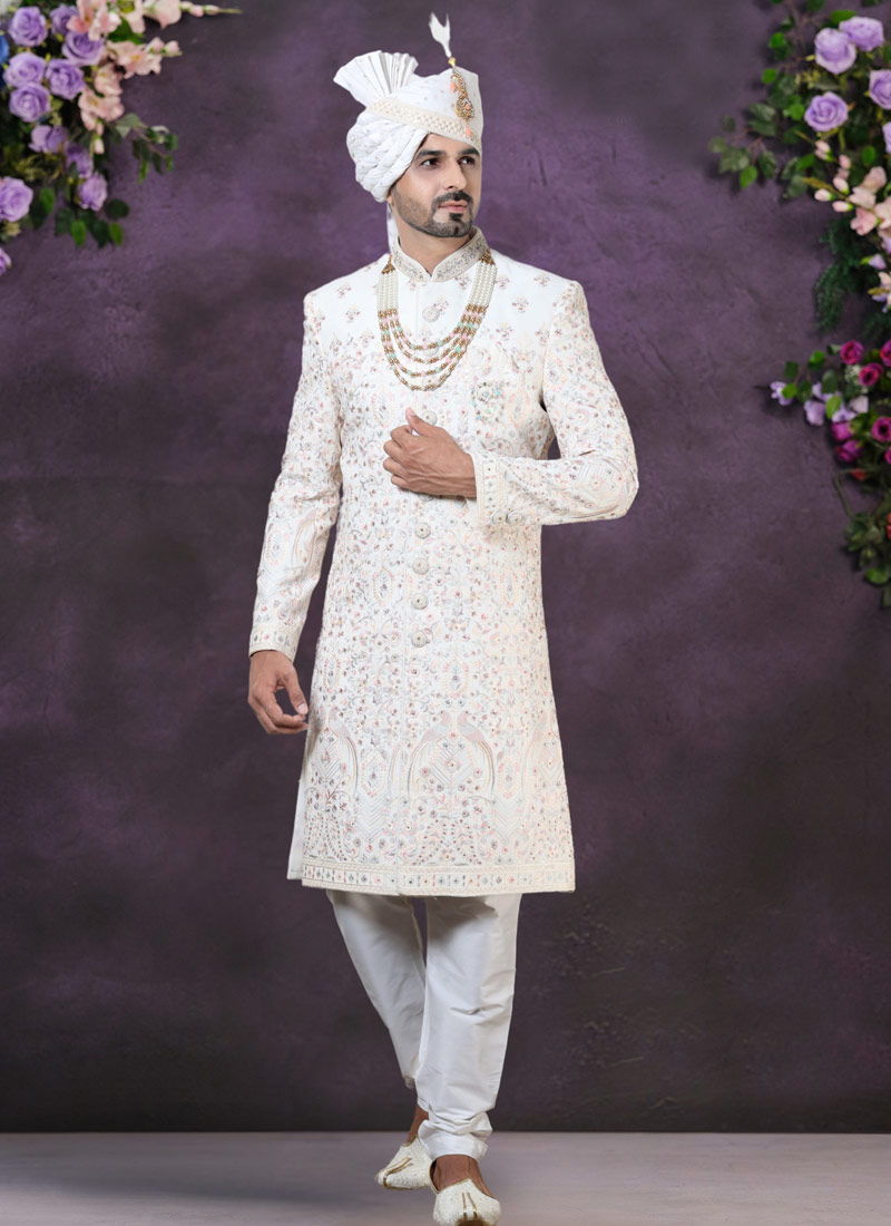 Cream Velvet Embroidered Mens Wedding Sherwani Cream Velvet Embroidered Mens Wedding Sherwani
