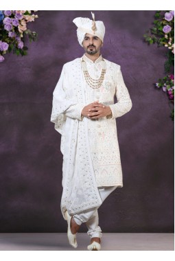 Regal Elegance Cream Velvet Embroidered Sherwani For Men