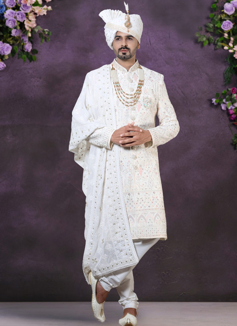 Regal Elegance Cream Velvet Embroidered Sherwani For Men Regal Elegance Cream Velvet Embroidered Sherwani For Men