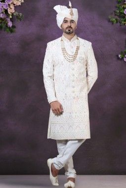 Regal Elegance Cream Velvet Embroidered Sherwani For Men