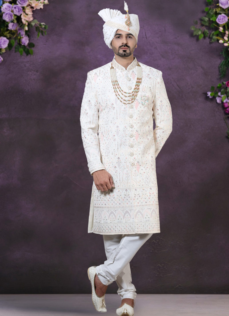 Regal Elegance Cream Velvet Embroidered Sherwani For Men Regal Elegance Cream Velvet Embroidered Sherwani For Men