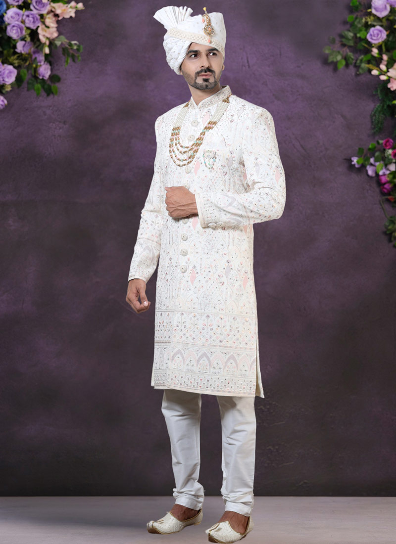 Regal Elegance Cream Velvet Embroidered Sherwani For Men Regal Elegance Cream Velvet Embroidered Sherwani For Men