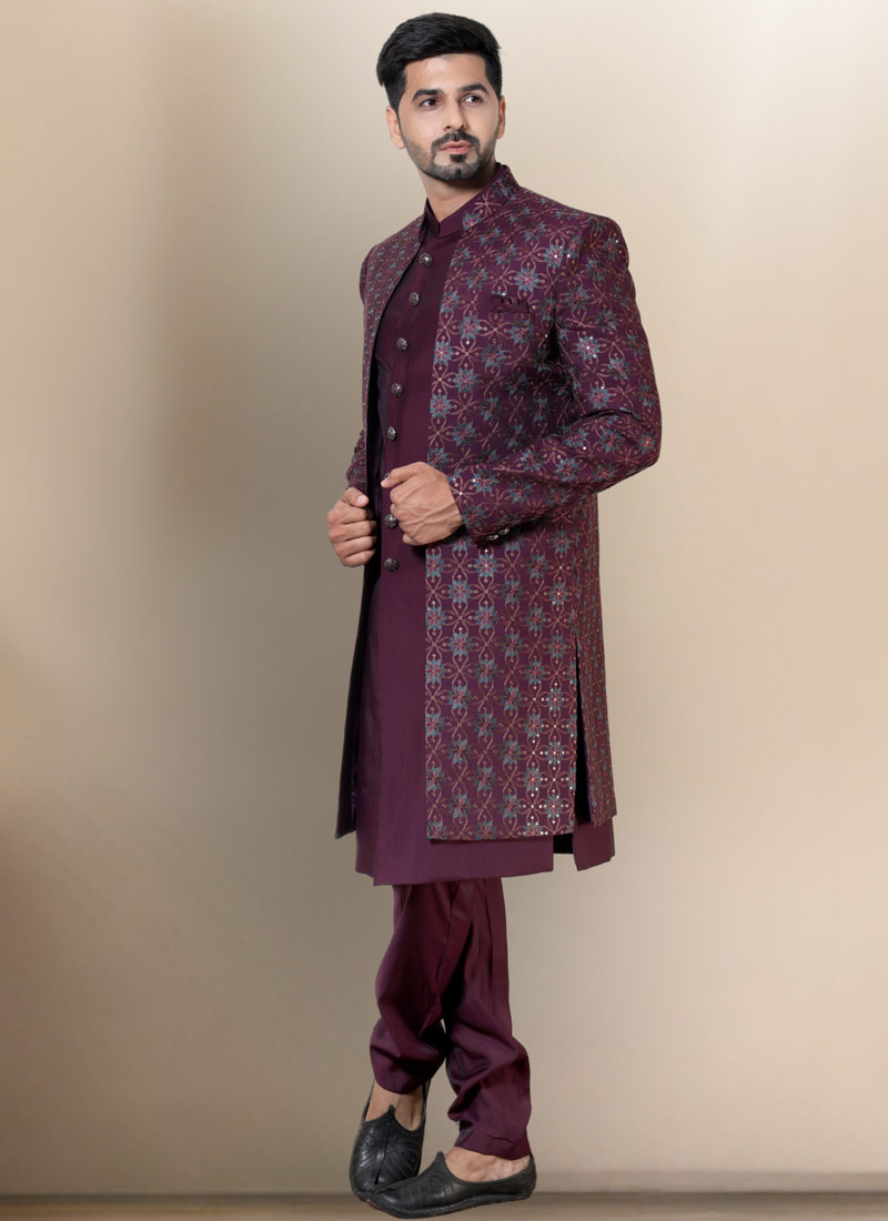 Wine Soft Silk Embroidered Mens Wedding Indo Western Wine Soft Silk Embroidered Mens Wedding Indo Western
