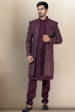 Wine Soft Silk Embroidered Mens Wedding Indo Western
