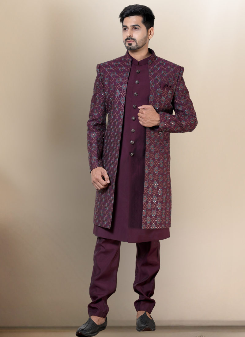 Wine Soft Silk Embroidered Mens Wedding Indo Western Wine Soft Silk Embroidered Mens Wedding Indo Western