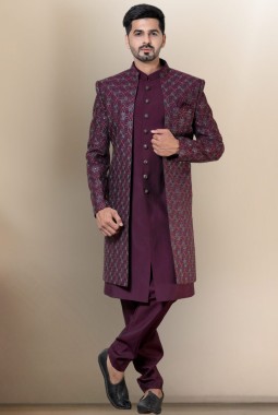 Wine Soft Silk Embroidered Mens Wedding Indo Western