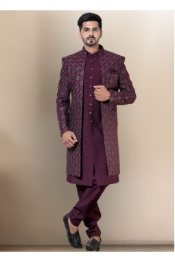 Wine Soft Silk Embroidered Mens Wedding Indo Western