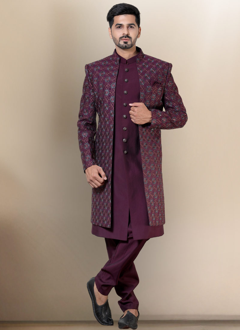 Wine Soft Silk Embroidered Mens Wedding Indo Western Wine Soft Silk Embroidered Mens Wedding Indo Western