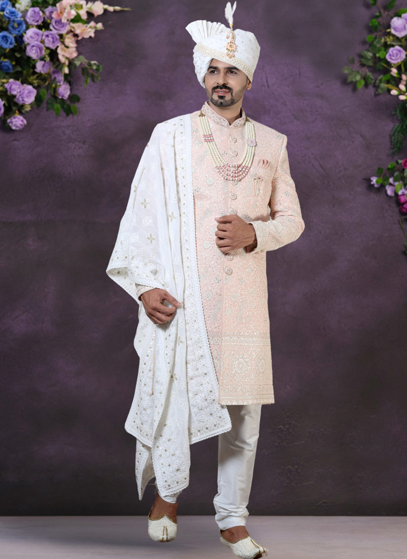 Peach Georgette Embroidered Mens Groom Indo Western Peach Georgette Embroidered Mens Groom Indo Western