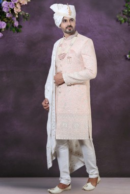 Peach Georgette Embroidered Mens Groom Indo Western