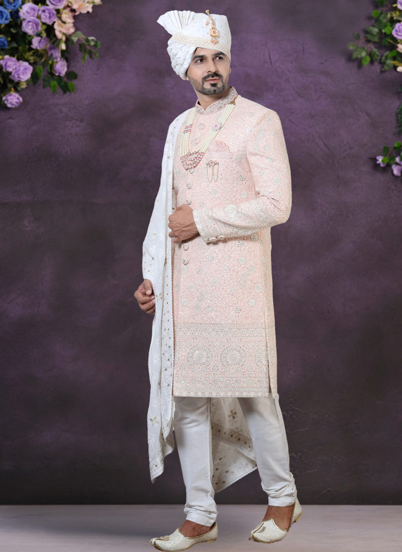 Peach Georgette Embroidered Mens Groom Indo Western Peach Georgette Embroidered Mens Groom Indo Western