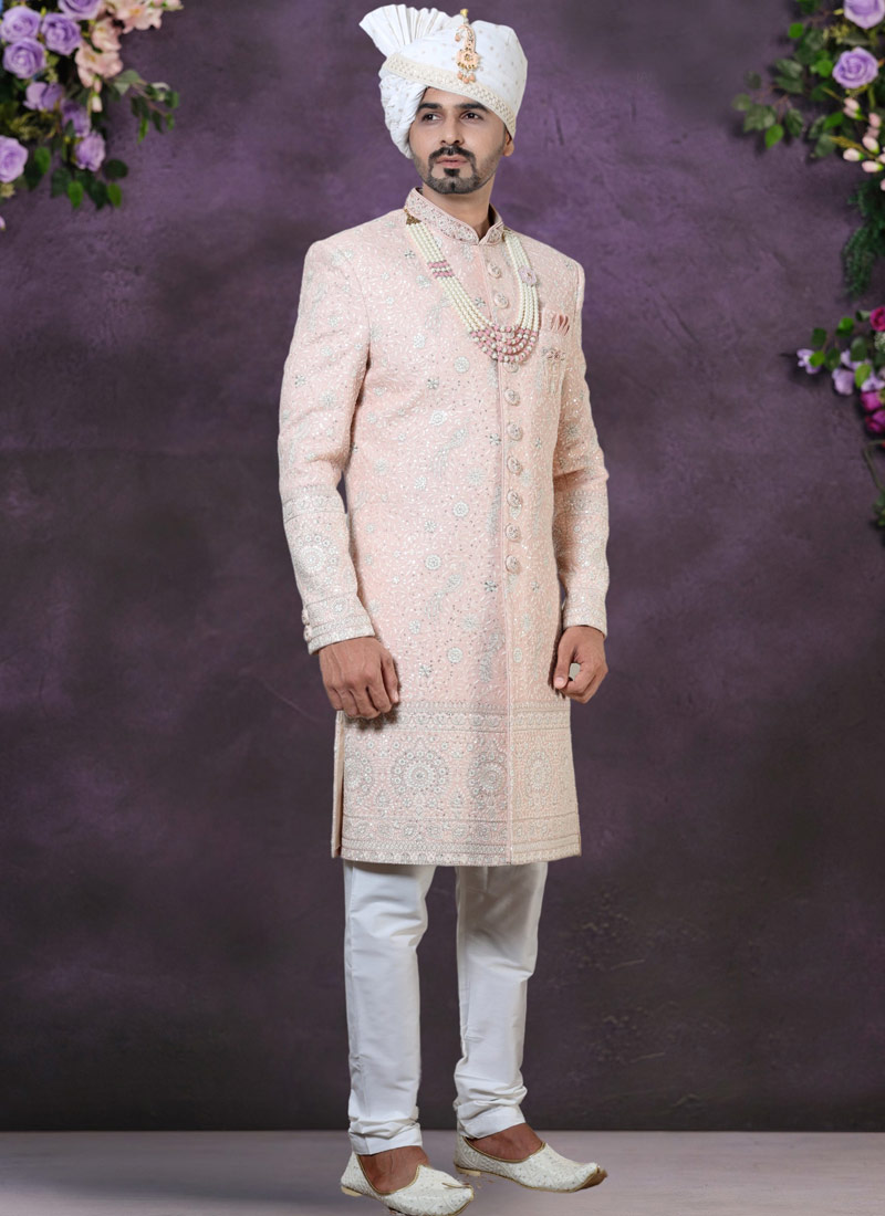Peach Georgette Embroidered Mens Groom Indo Western Peach Georgette Embroidered Mens Groom Indo Western
