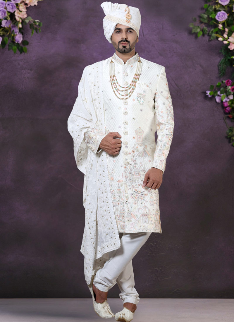 Cream Silk Embroidered Mens Groom Indo Western Cream Silk Embroidered Mens Groom Indo Western