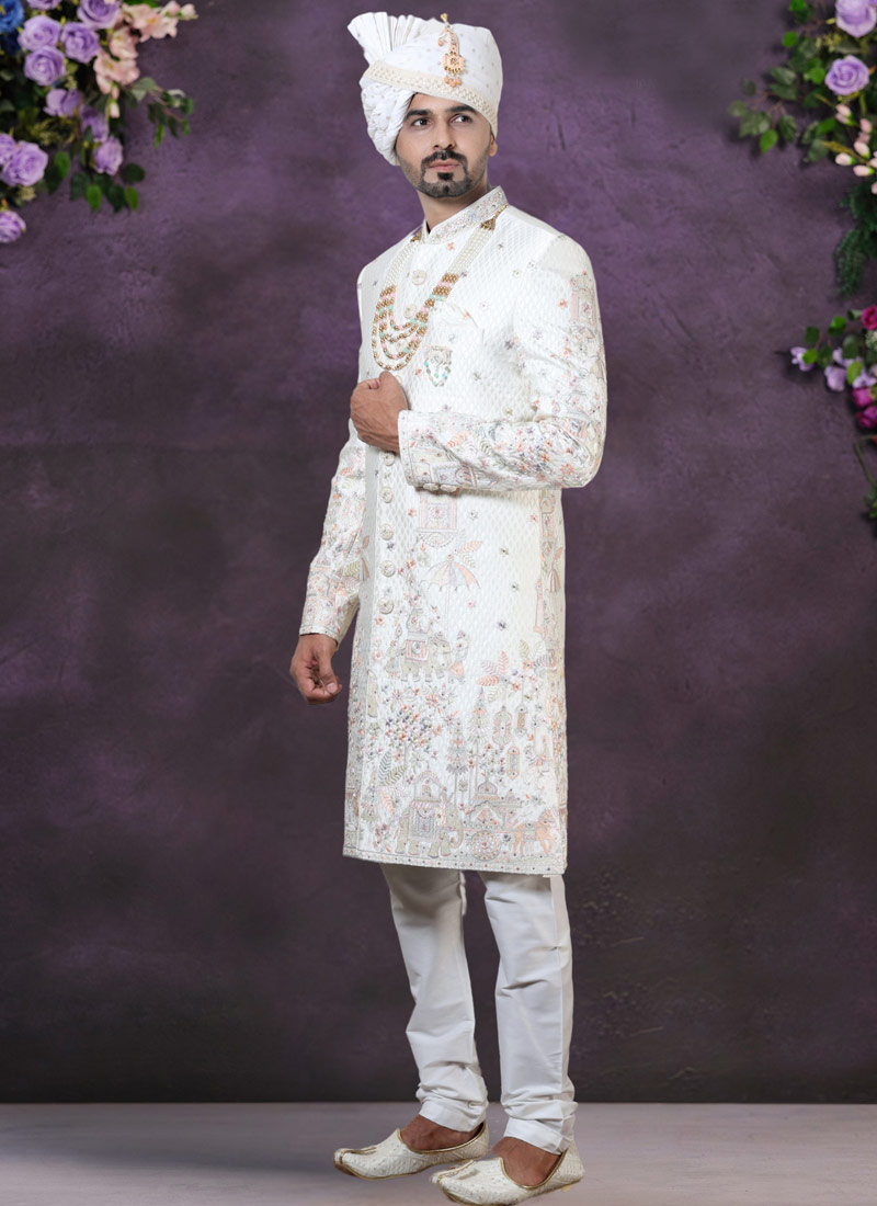 Cream Silk Embroidered Mens Groom Indo Western Cream Silk Embroidered Mens Groom Indo Western
