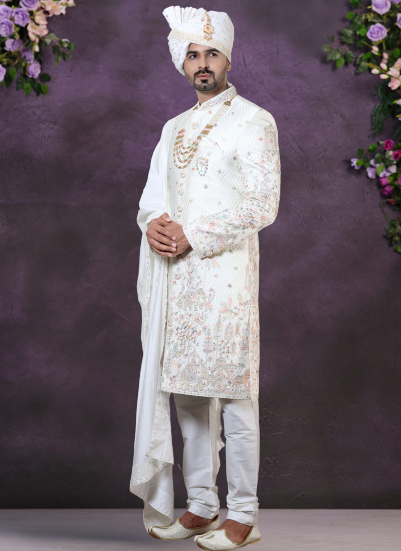 Cream Silk Embroidered Mens Groom Indo Western Cream Silk Embroidered Mens Groom Indo Western