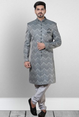 Gray And Green Jacquard Silk Wedding Indo Western 
