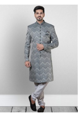 Gray And Green Jacquard Silk Wedding Indo Western 