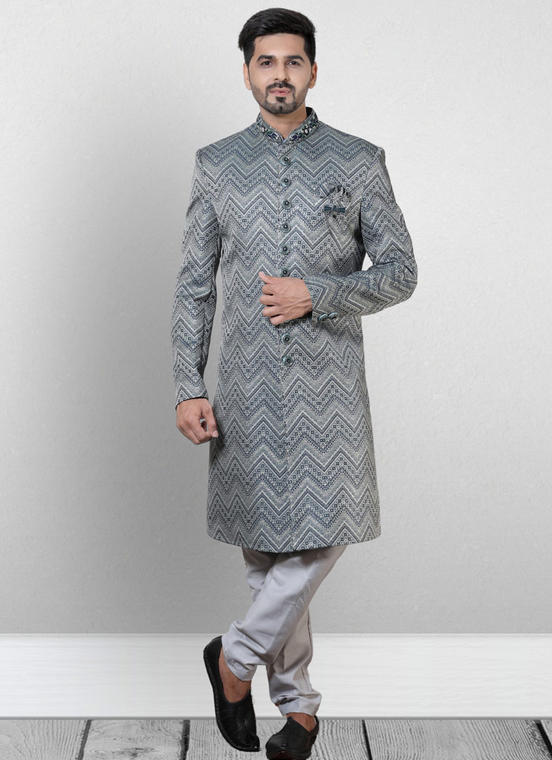 Gray And Green Jacquard Silk Wedding Indo Western Gray And Green Jacquard Silk Wedding Indo Western