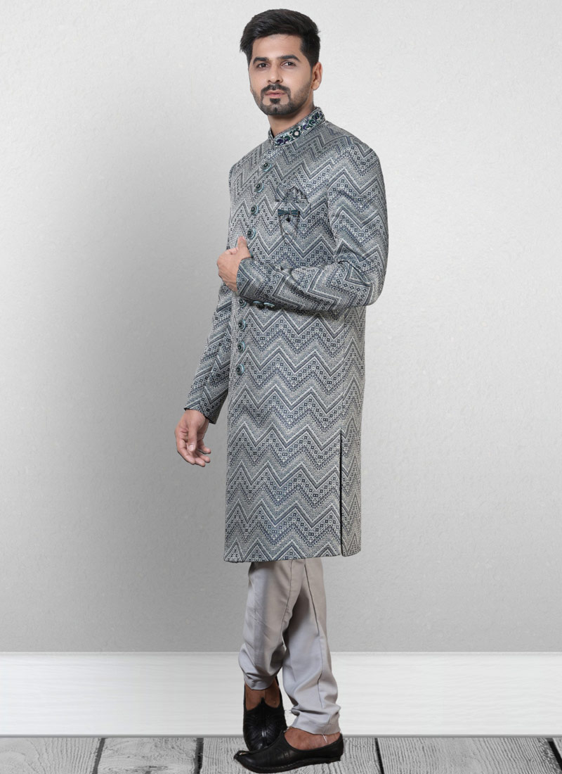 Gray And Green Jacquard Silk Wedding Indo Western Gray And Green Jacquard Silk Wedding Indo Western