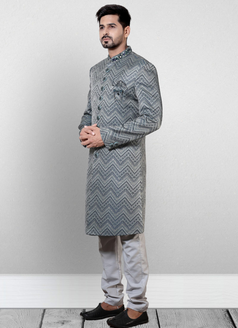 Gray And Green Jacquard Silk Wedding Indo Western Gray And Green Jacquard Silk Wedding Indo Western