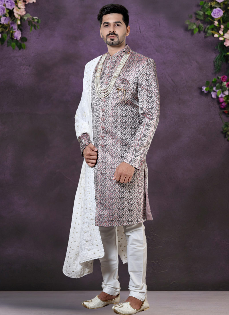 Wine Jacquard Silk Mens Wedding Indo Western Wine Jacquard Silk Mens Wedding Indo Western