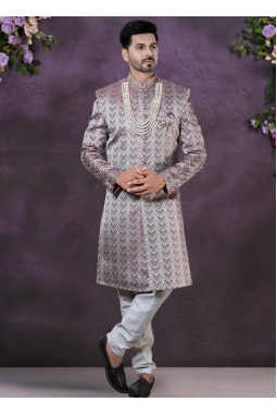 Wine Jacquard Silk Mens Wedding Indo Western