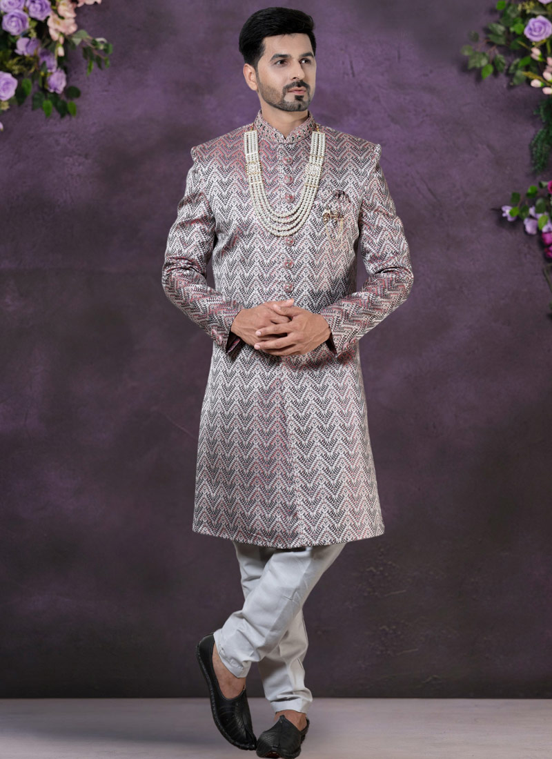 Wine Jacquard Silk Mens Wedding Indo Western Wine Jacquard Silk Mens Wedding Indo Western