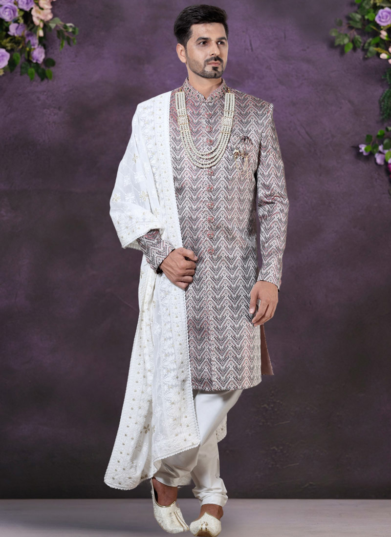 Wine Jacquard Silk Mens Wedding Indo Western Wine Jacquard Silk Mens Wedding Indo Western