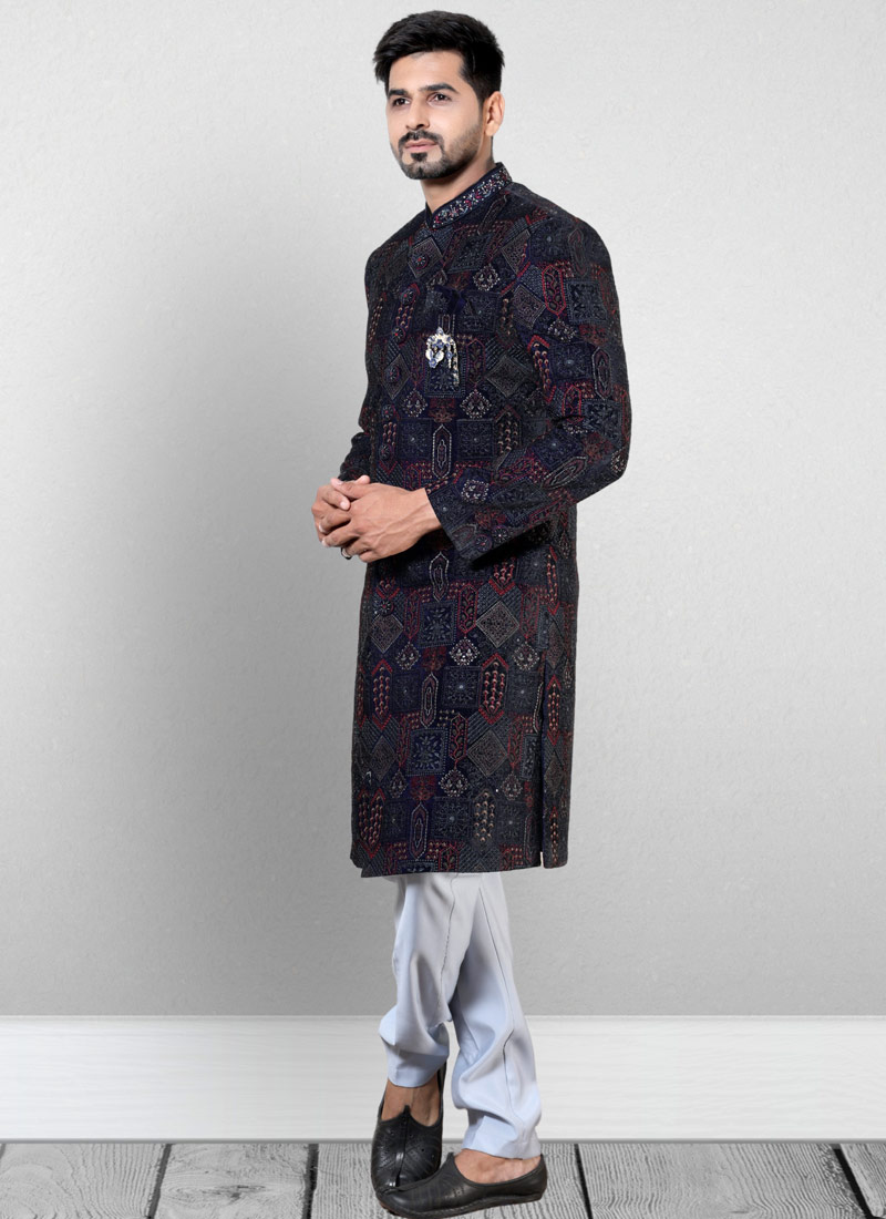 Blue Velvet Embroidered Mens Wedding Indo Western Blue Velvet Embroidered Mens Wedding Indo Western