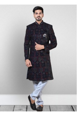Blue Velvet Embroidered Mens Wedding Indo Western