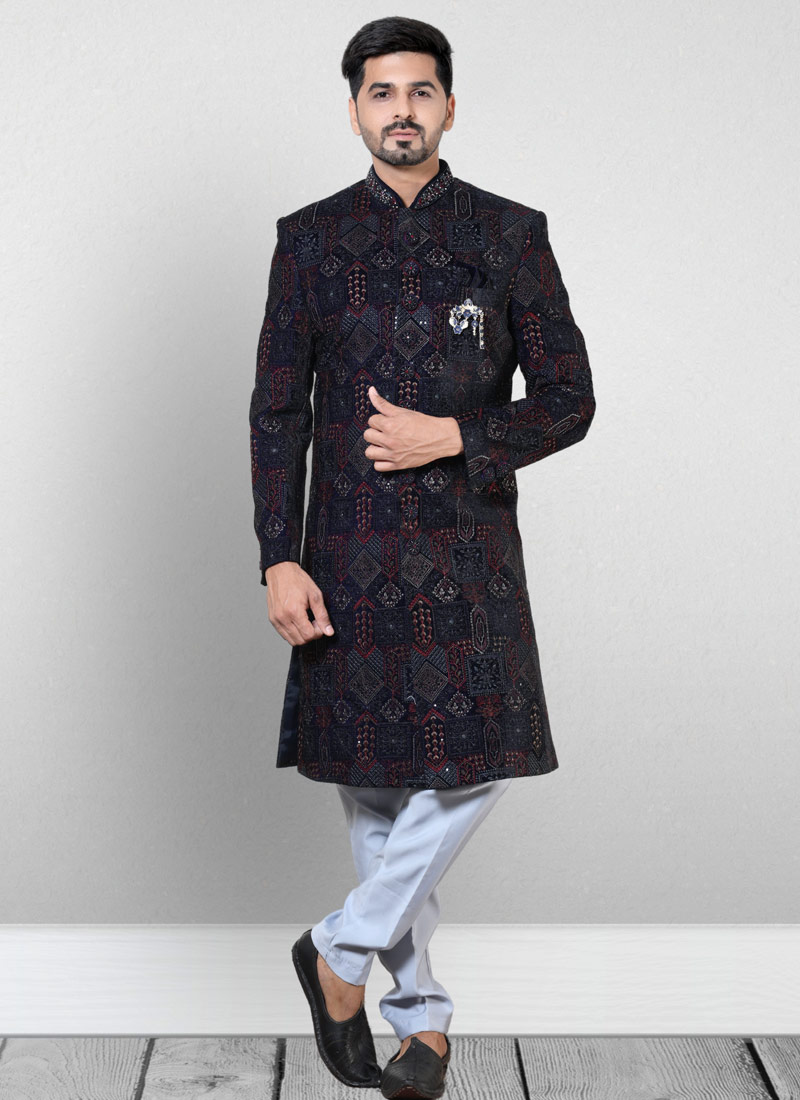 Blue Velvet Embroidered Mens Wedding Indo Western Blue Velvet Embroidered Mens Wedding Indo Western