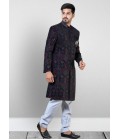 Blue Velvet Embroidered Mens Wedding Indo Western Blue Velvet Embroidered Mens Wedding Indo Western