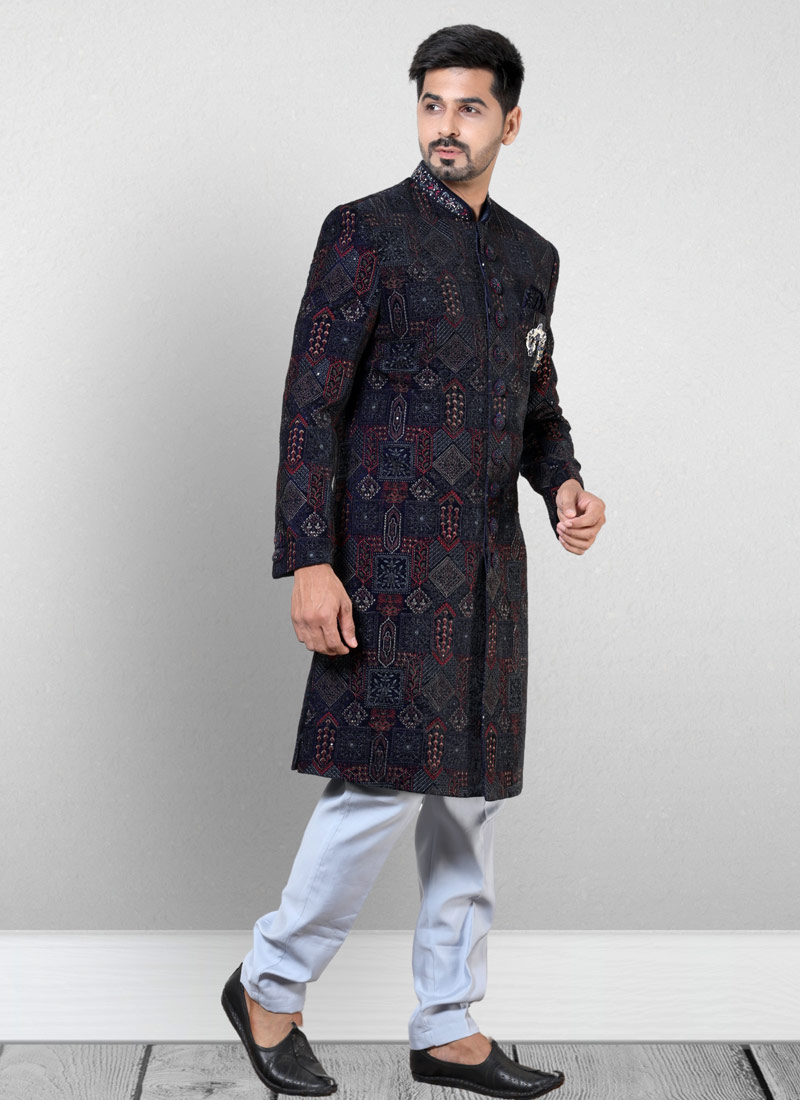 Blue Velvet Embroidered Mens Wedding Indo Western Blue Velvet Embroidered Mens Wedding Indo Western