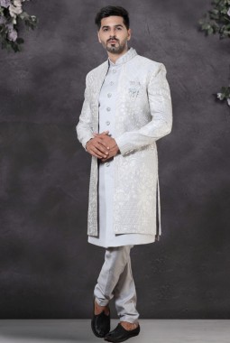 Grey Soft Silk Embroidered Mens Wedding Indo Western