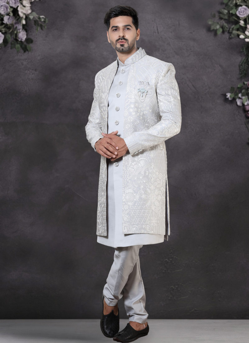 Grey Soft Silk Embroidered Mens Wedding Indo Western Grey Soft Silk Embroidered Mens Wedding Indo Western