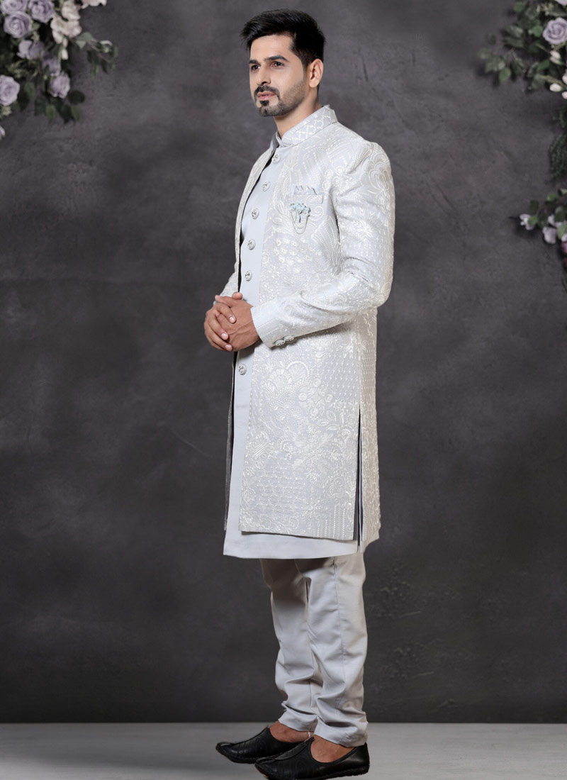 Grey Soft Silk Embroidered Mens Wedding Indo Western Grey Soft Silk Embroidered Mens Wedding Indo Western