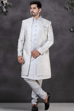 Grey Soft Silk Embroidered Mens Wedding Indo Western