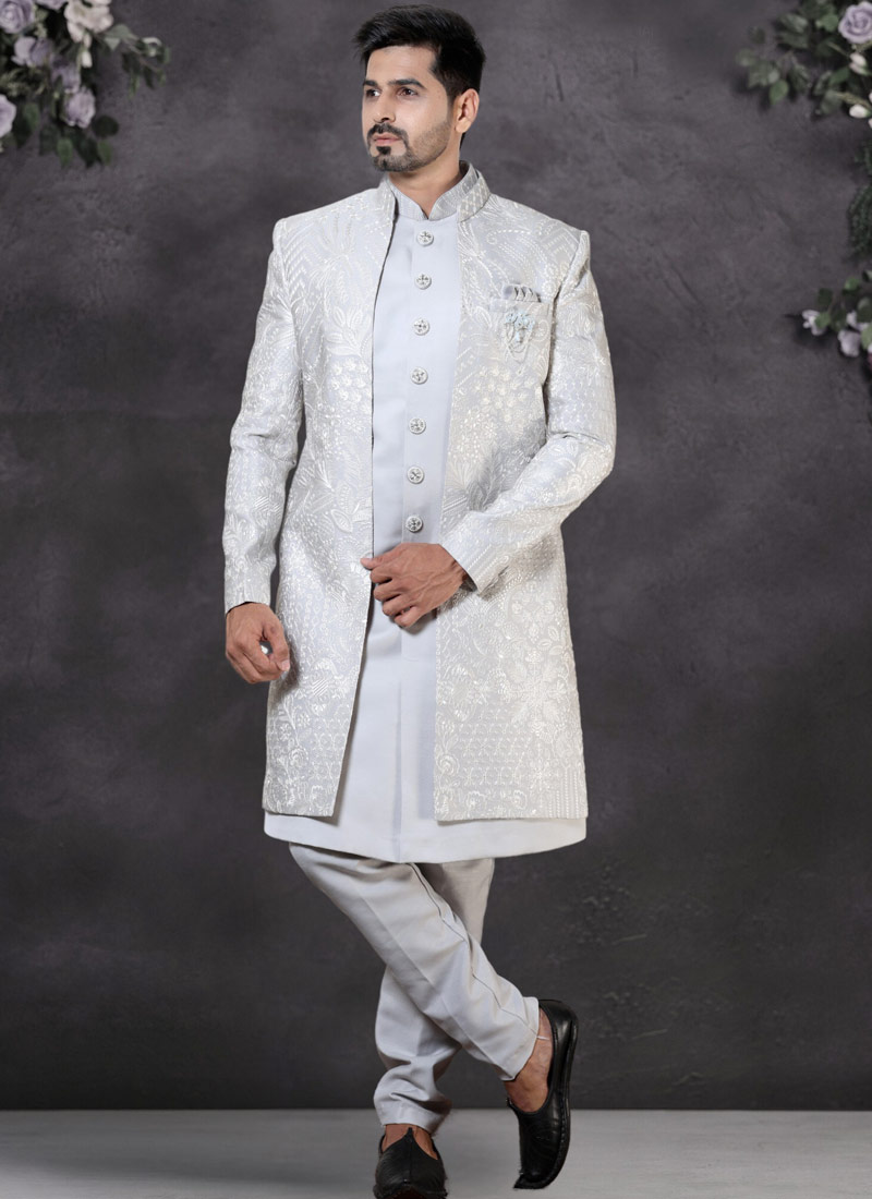 Grey Soft Silk Embroidered Mens Wedding Indo Western Grey Soft Silk Embroidered Mens Wedding Indo Western